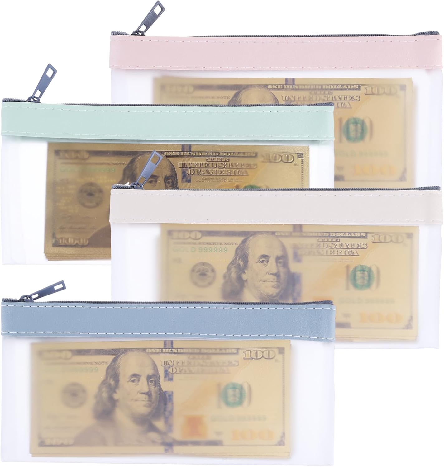 Bewudy 4 Pcs Money Bags with Zipper, Clear Cash Envelopes Coin Purse, Money Envelopes for Cash Saving, For Check Wallet Receipt Organizer Tool Pouch
