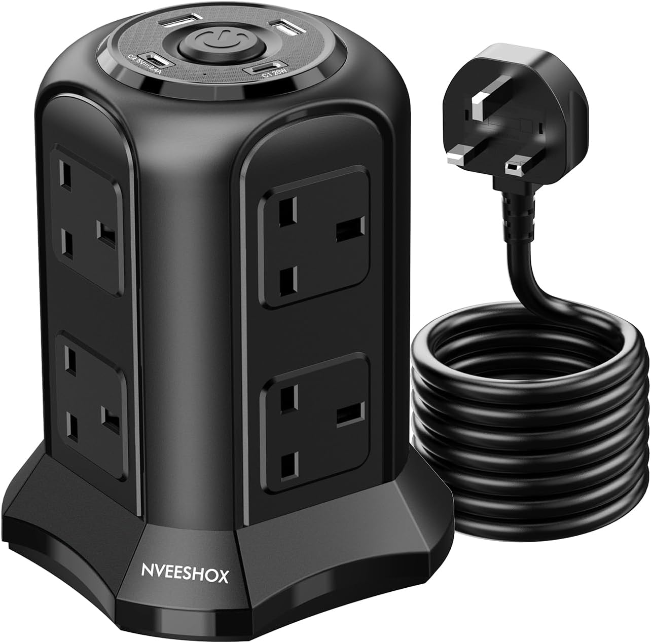 NVEESHOX Tower Extension Lead with USB Slots 2M (13A 3250W), 20W USB C Fast Charge, Surge Protected Extension Lead with 8 Way Outlets and 4 USB Ports, Multi Plug Extension Socket for Office, Home