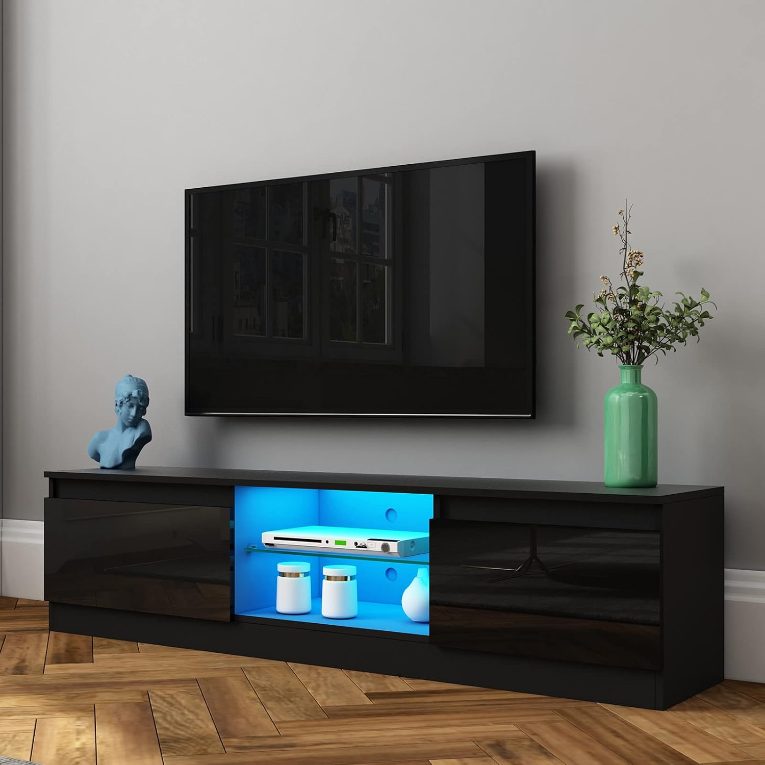 TV Cabinet with LED Light 2 Doors 2 Glass Shelves for Living Room Furniture Sideboard High Gloss Front TV Stand Unit Entertainment Centre TV Console Media Unit Black 160 cm