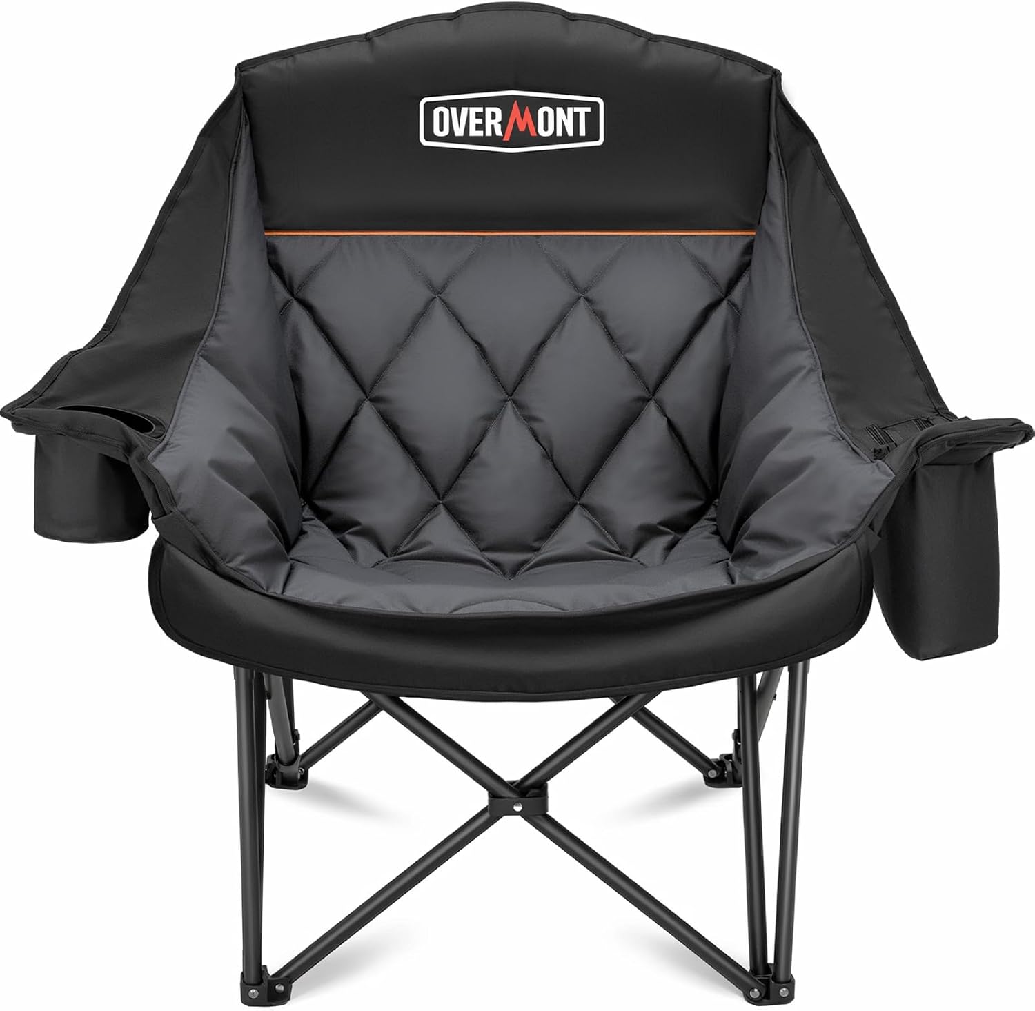 Overmont Oversized XL Camping Chair for Adults - 450lbs Support Heavy-Duty Padded Folding Chair with Side Pocket Cup Holder Cooling Bag for Outdoor Sports Garden Beach Fishing Lawn Black