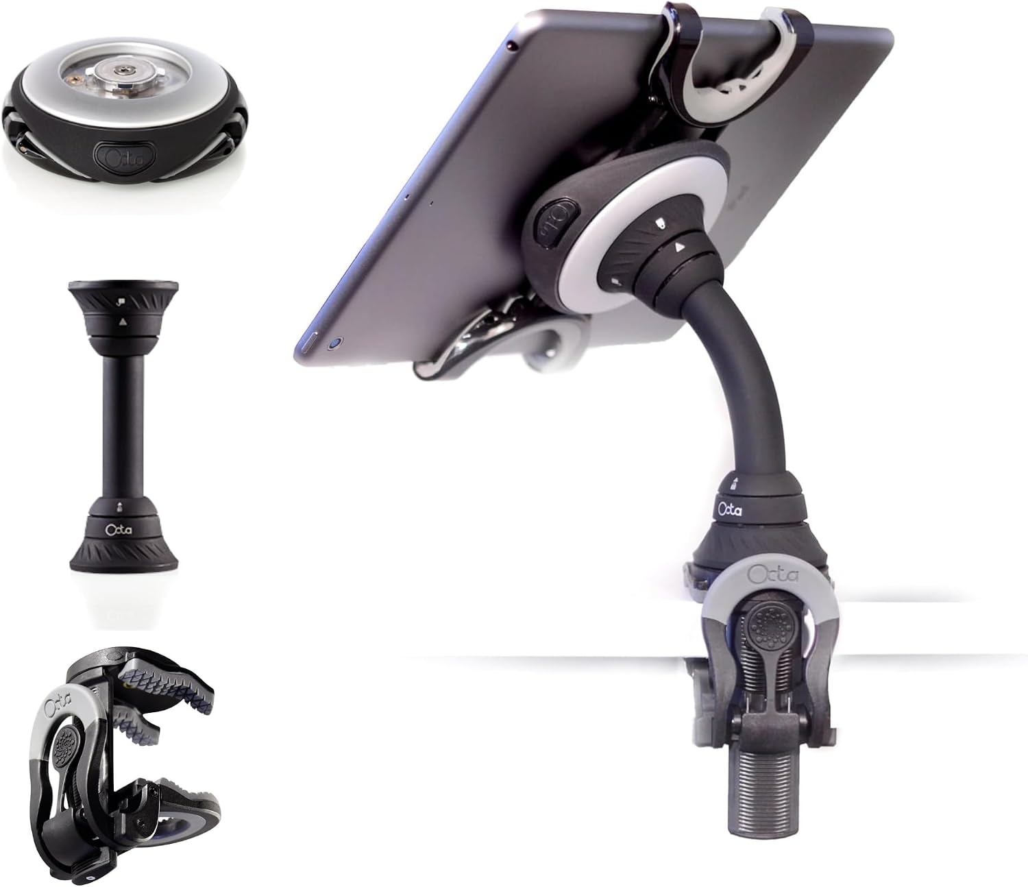 OCTA Lynx Modular Tablet Mount – Clamp-On Gooseneck Stand for iPad, Kindle, Galaxy, Surface – Fits 5”–13” Devices – Portable Tablet Holder for Desk, Treadmill, Music Stand, Bed, Travel