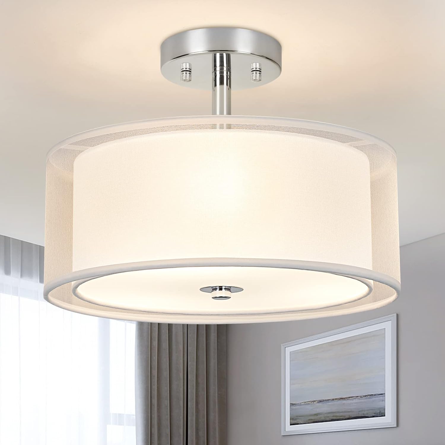 Depuley 3-Light Modern Semi Flush Mount Ceiling Light Fixture, 12.6’’ Drum Light with Double Fabric Shade, Brushed Chrome Close to Ceiling Lights for Living Room Dining Room Bedroom Hallway Entry