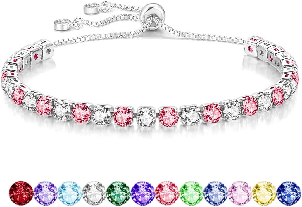 S925 Silver Bracelet for Women Adjustable Slider Crystal Tennis Bracelet Birthstone Jewellery Birthday Gifts