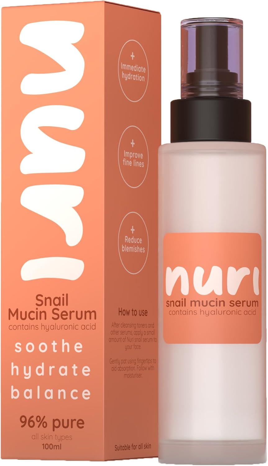 Nuri Snail Mucin Serum - Potent Serum Contains 96% Snail Mucin, Hyaluronic Acid - Smoothes Blemishes, Reduces Fine Lines - Pump for Easy Application - Ultra-Hydrating Korean Skincare Staple