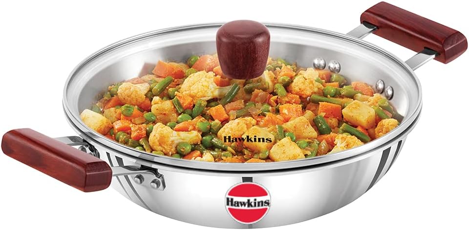 HAWKINS 2.5 Litre Deep Fry Pan, Triply Stainless Steel Kadai with Glass Lid, Flat Bottom Induction Kadhai, Silver (SSD25G)