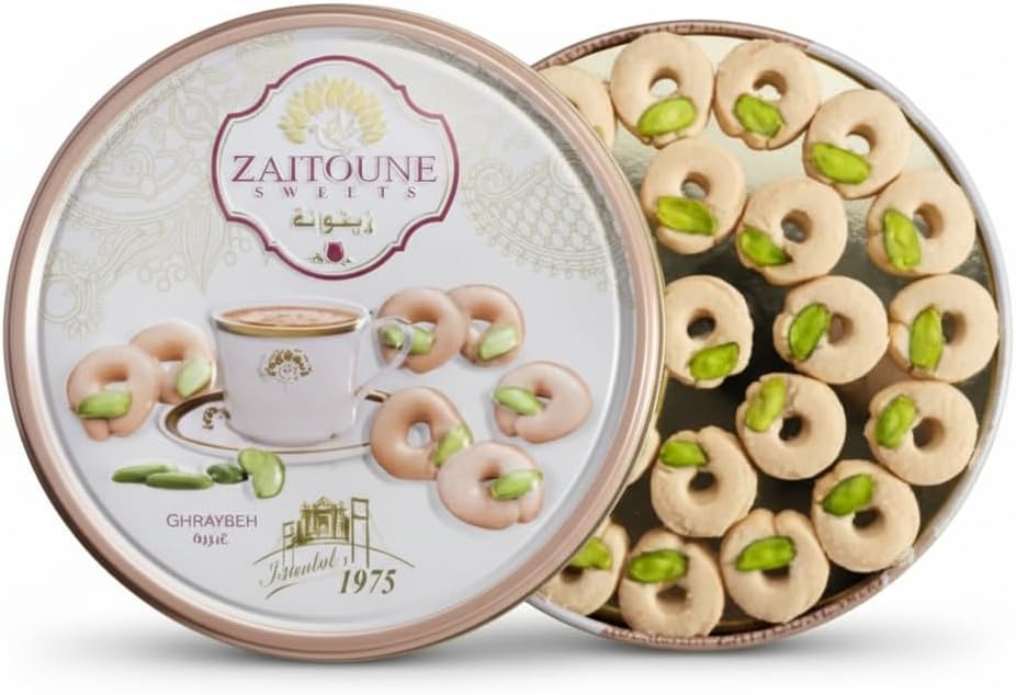 Zaitoune Ghraybeh Cookies - 250 g | Traditional Middle Eastern Pistachio Shortbreads Handcrafted in Turkey | Beautiful Reusable Gift Tin | Perfect for Dessert | Great Sharing Present