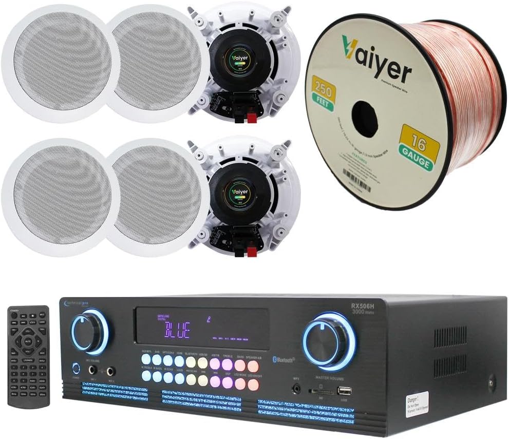Home Theater System Kit 2000 Watts Bluetooth Amplifier with 6 Qty 5.25" 175 Watts in-Wall in-Ceiling Speakers & 16 Gauge 250 ft. Speaker Wire by Technical Pro
