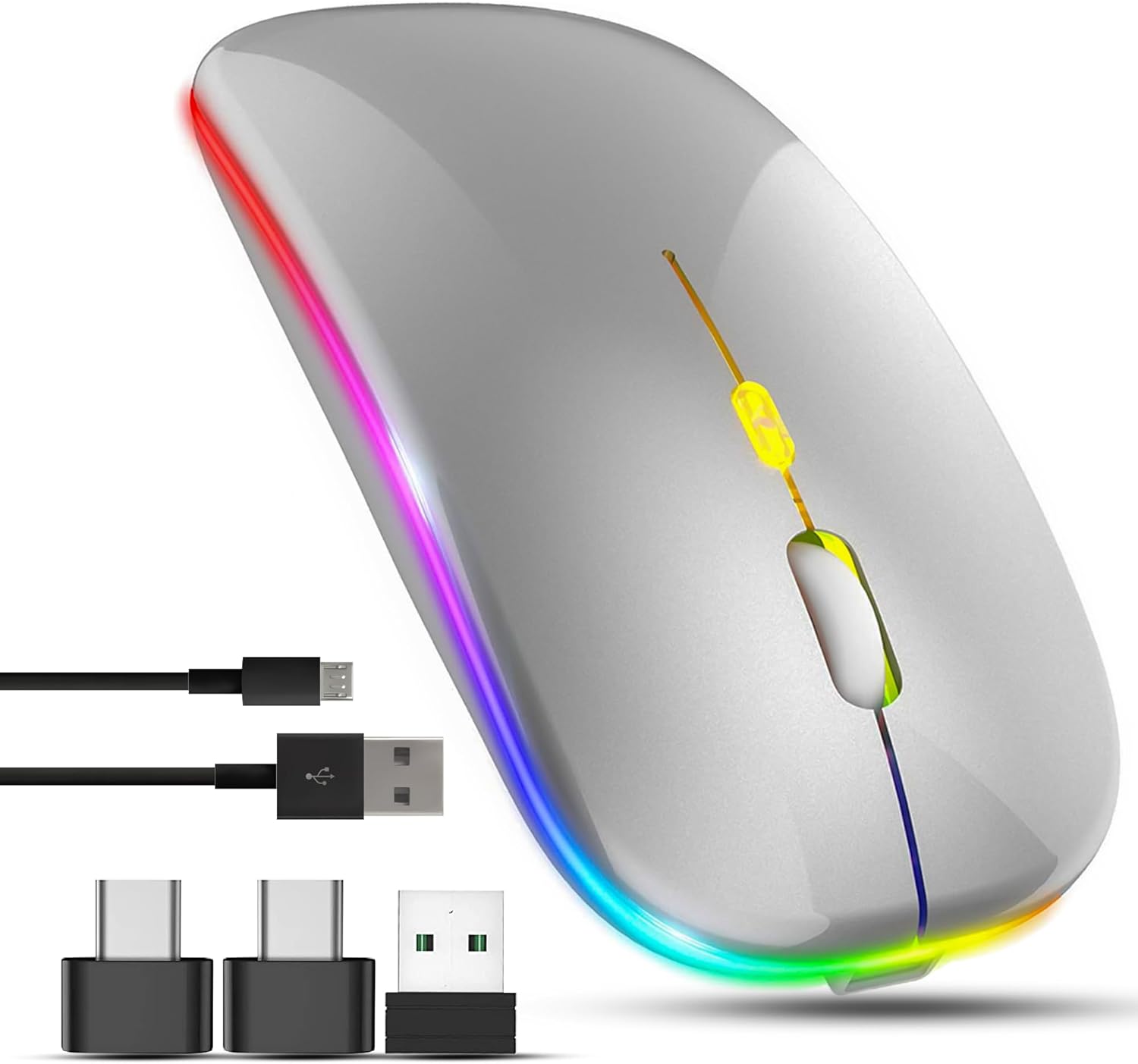 TEUREMI Wireless Mouse for Laptop With 2 USB A to C Adapter, 2.4GHZ Bluetooth Rechargeable, 3 Buttons-Laptop PC 800 2400 Dpi, Computer Accessories, Silver