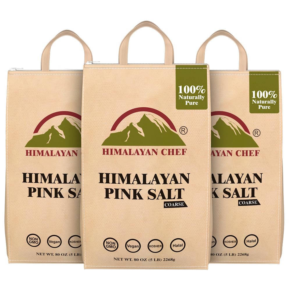 Himalayan Chef Pink Himalayan Salt - 15 lbs. (3 x 5 Pound Bulk Bags) Coarse Grain, Pure 100% Natural, Non-GMO, Vegan, Halal and Kosher Certified, Food Grade with 84 Minerals