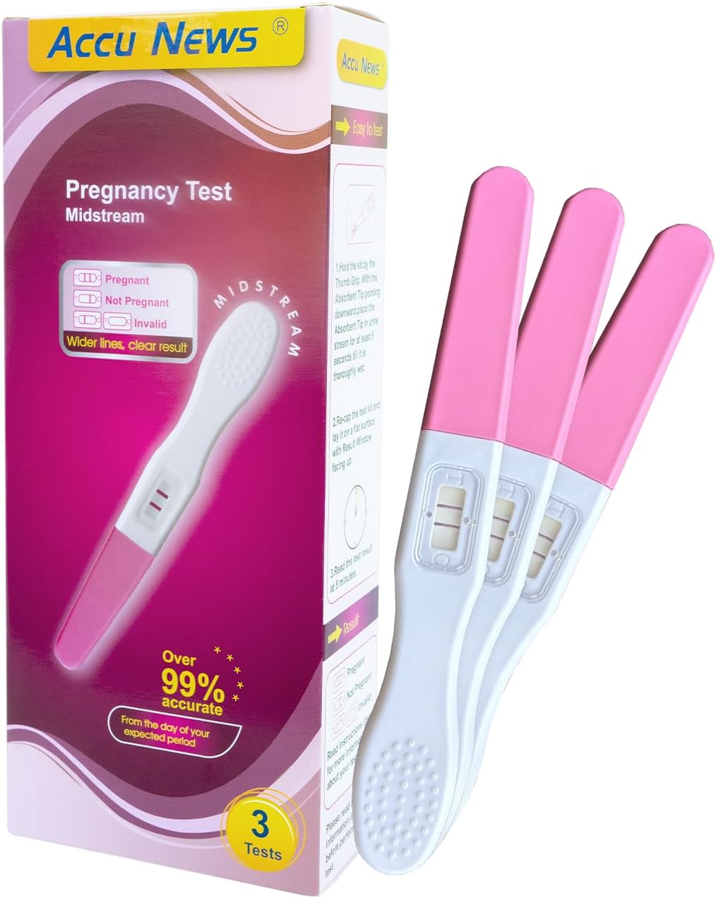 Pregnancy Test Midstream hCG Pregnancy Test Strips Kit, Early Home Detection, Rapid & Easy, Clear Result, Over 99% Accuracy, Individually Wrapped (3 Tests)