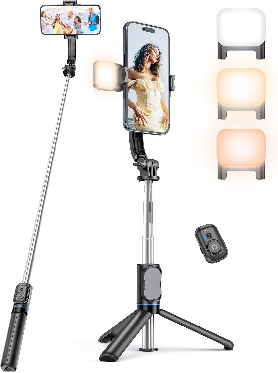 Selfie Stick with Light [Detachable Phone Holder], 41.7" Extendable Phone Tripod with Remote, 360° Rotatable Tripod Stand For iPhone, Samsung, and Android Smartphones (selfie stick with light)