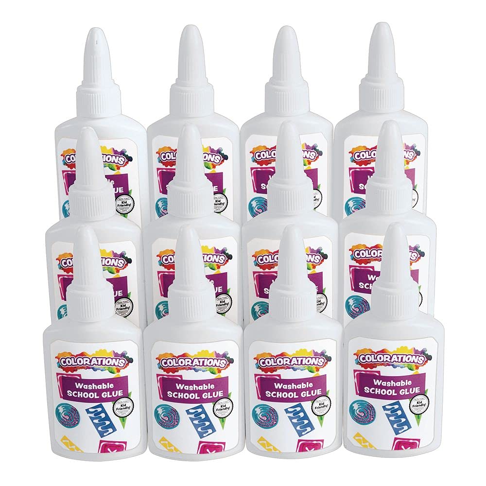 Colorations® Washable White Glue, Set of 12, Each in a 1.25 oz Bottle, Easy Spout Applicator, Goes on White and Dries Clear, Washable & Non Toxic Glue, Dries Quickly & Acid Free, School and Home Use