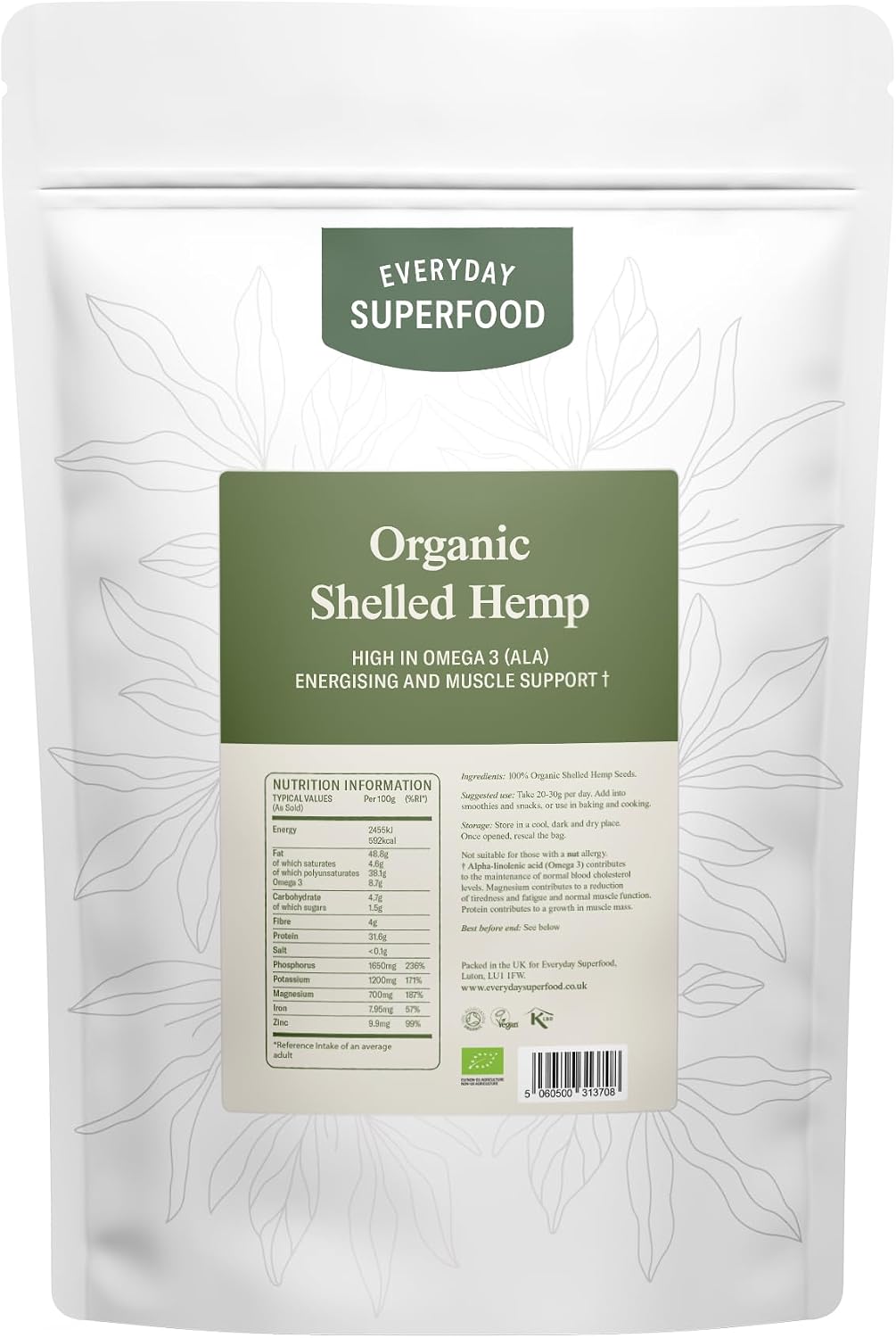 Everyday Superfood Organic Shelled Hemp 900g | European Hulled Hemp Seeds (Hemp Hearts)