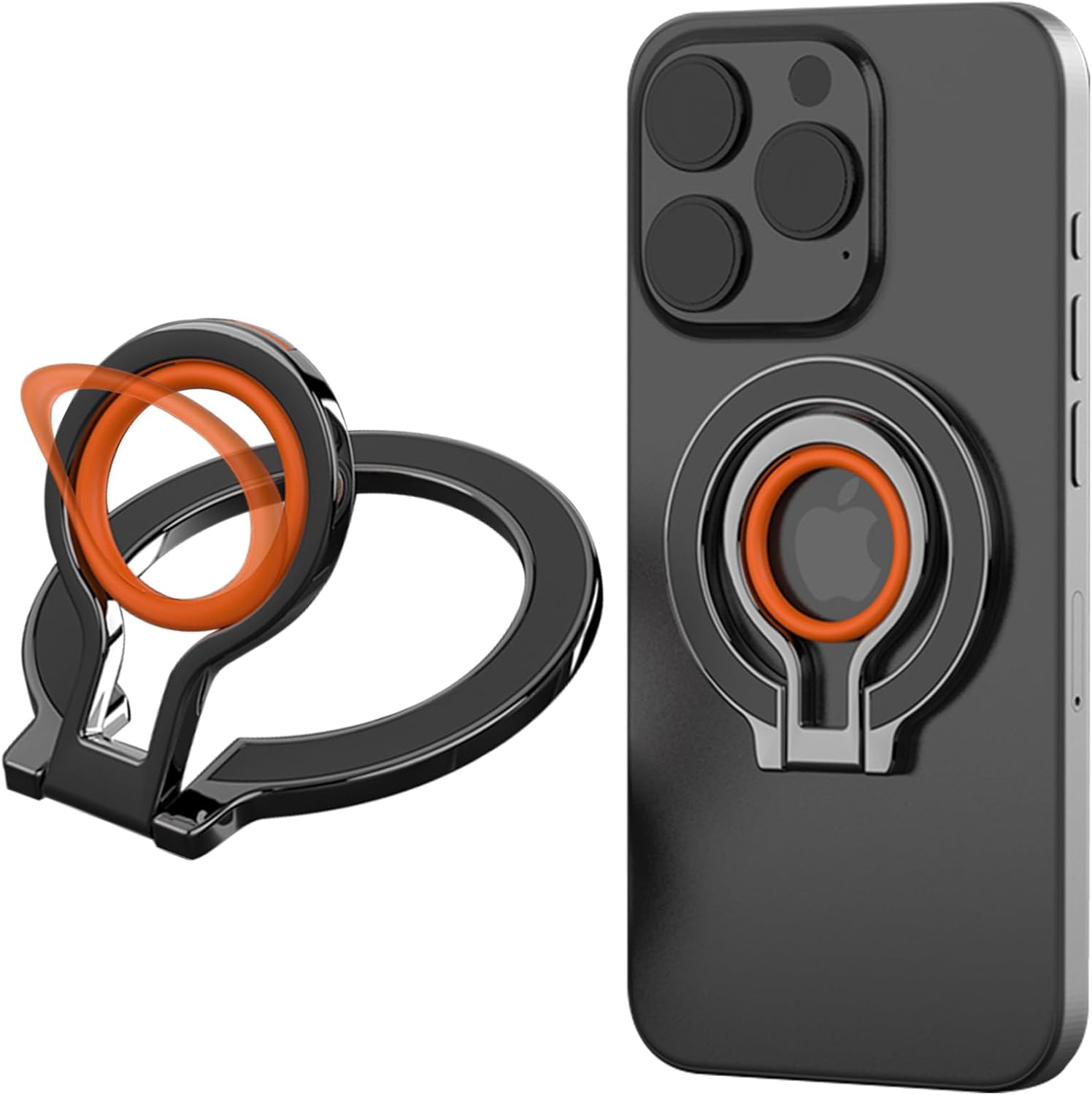 Ysnzaq Phone Magnetic Ring Holder for MagSafe, Two-Sided Magnetic Finger Ring Kickstand With Silicone Finger Grip for iPhone 15/14/13/12 Series & Android Devices. 8D-Black Orange