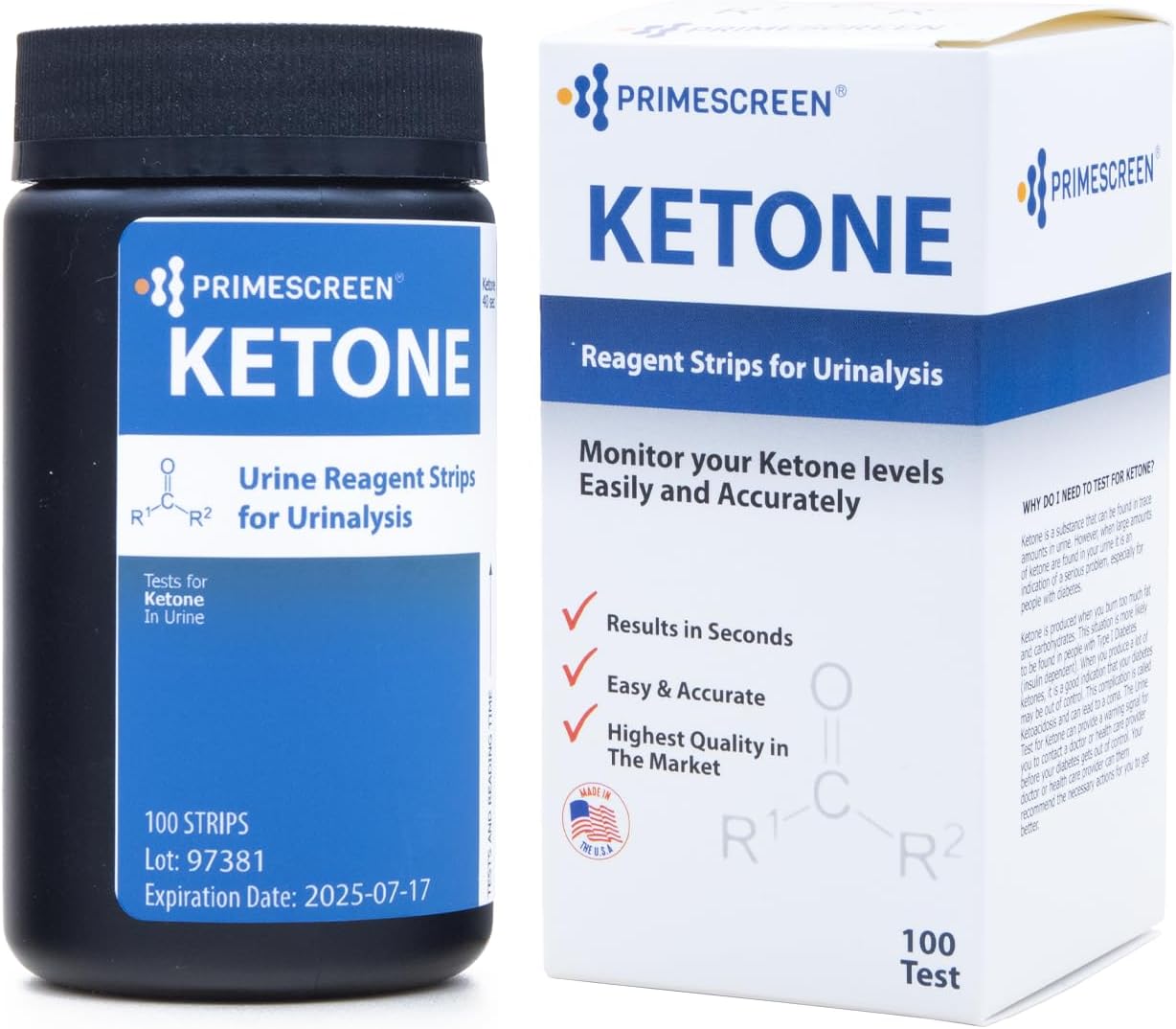 Prime Screen Ketone Test Strips: Testing Ketosis Based on Your Urine, 100 Ketone Urinalysis Tester Strips (Made in USA)