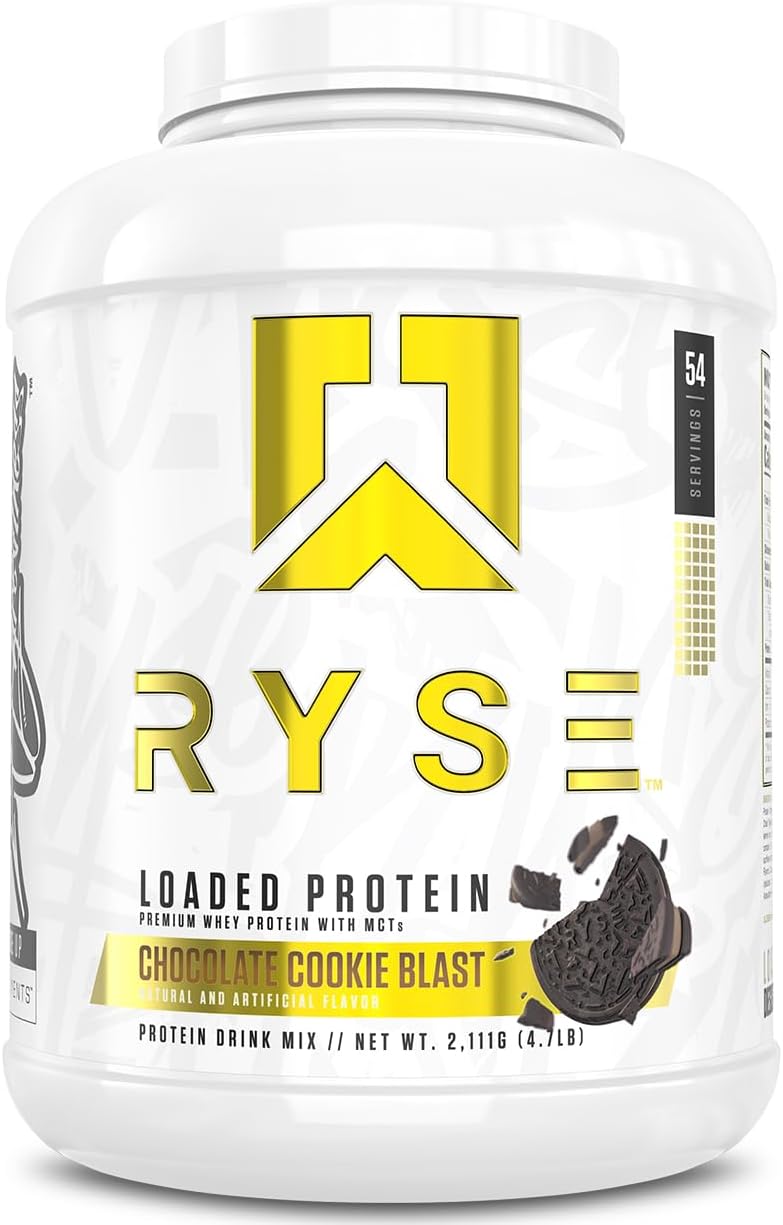 RYSE Loaded Protein Powder - Chocolate Cookie Blast - 25g Whey Protein Isolate & Concentrate with Prebiotic Fiber & MCTs - Low Carb, Low Sugar, Digestive-Friendly - 54 Servings / 4 lb Tub