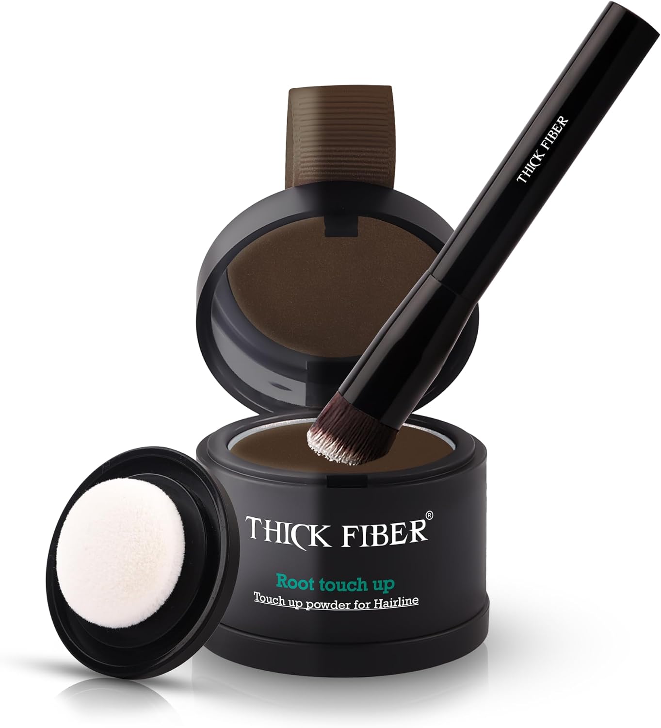 THICK FIBER Root Touch Up & Hairline Powder with Brush 4g – Covers Grey Roots & Thinning Hair – Sweat & Water Resistant – Hair Concealer for Bald Spots & Fill-In (Dark Brown) for Women & Men