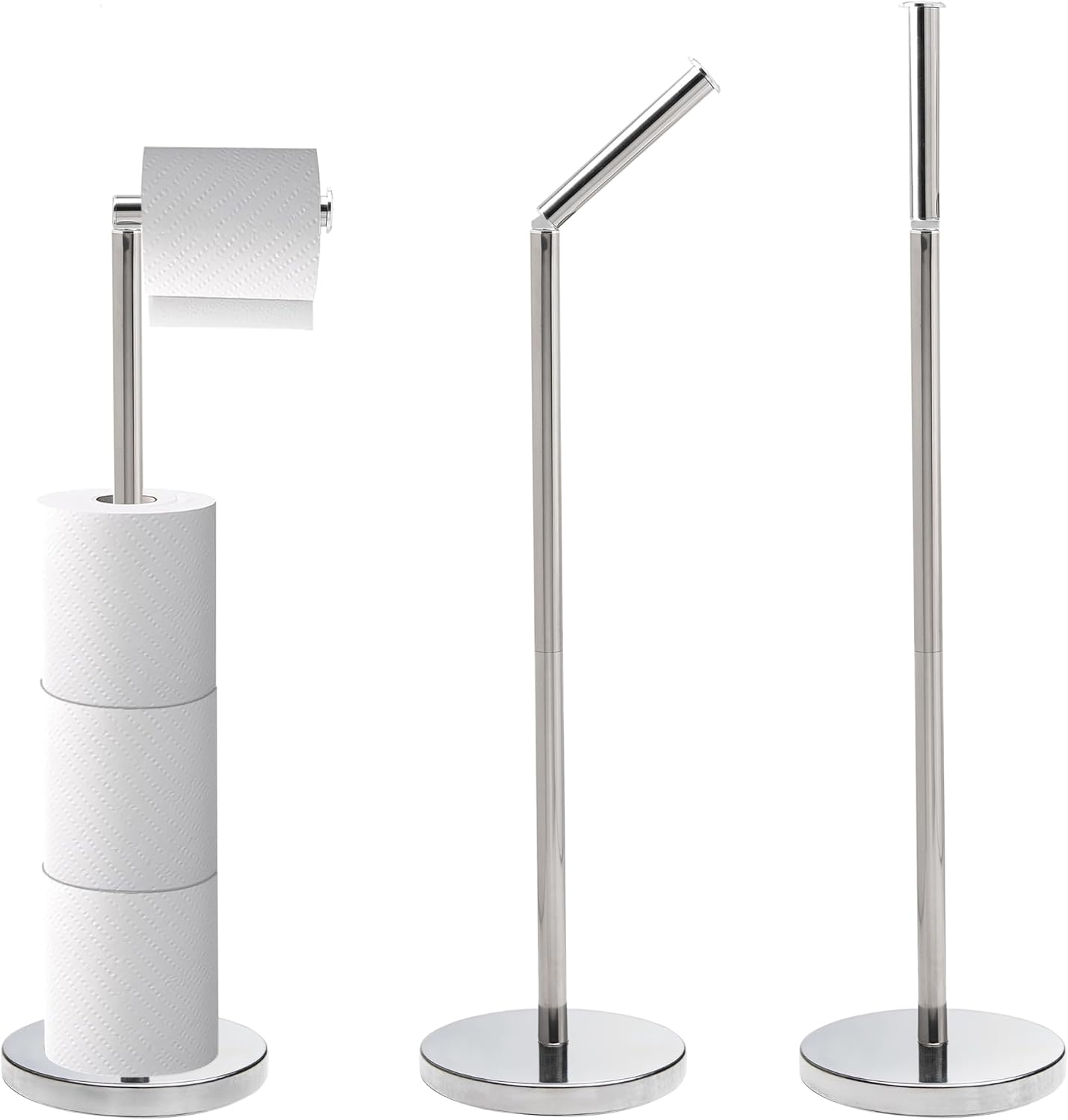 Crystals Toilet Roll Holder Free Standing - 2 in 1 Stainless Steel Toilet Paper Holder, Up to 5 Toilet Roll Storage - No Drill Toilet Roll Stand, Silver