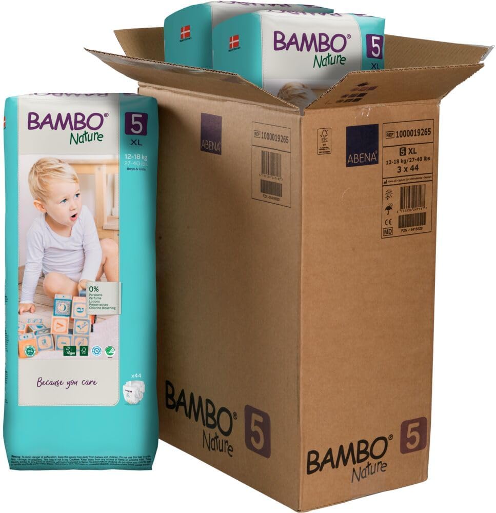 Bambo Nature Hypoallergenic Baby Diapers, Eco-Labeled Diapers, Enhanced Leakage Protection, Totally Chlorine-Free, Skin Friendly, and Super Absorbent - Size 5 (132 Count)
