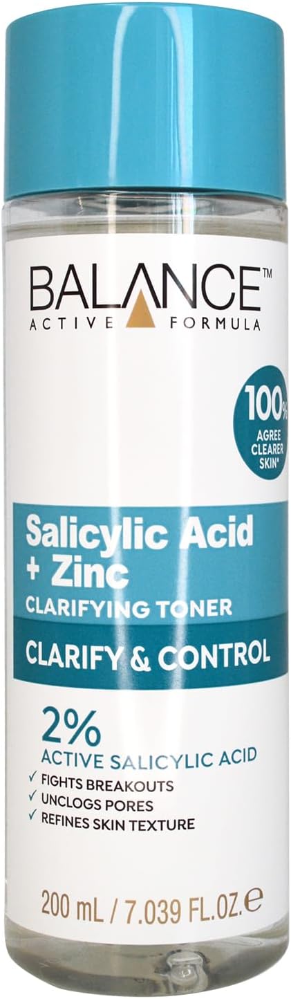 Balance Active Formula Salicylic Acid + Zinc Toner (200ml) - Exfoliates, Unclogs Pores, Prevents Blemishes & Blackheads, Minimises Pores for Clearer Complexion
