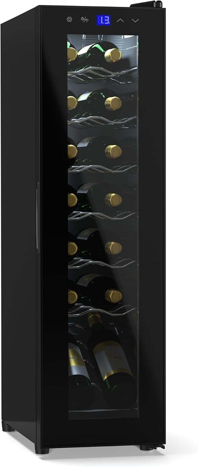 KLARSTEIN Shiraz Wine Cooler Black – 14 Bottles, 1 Zone | Freestanding Wine Fridge with Glass Door, Quiet, 5–18 °C, LED, Stainless Steel Frame, Slim