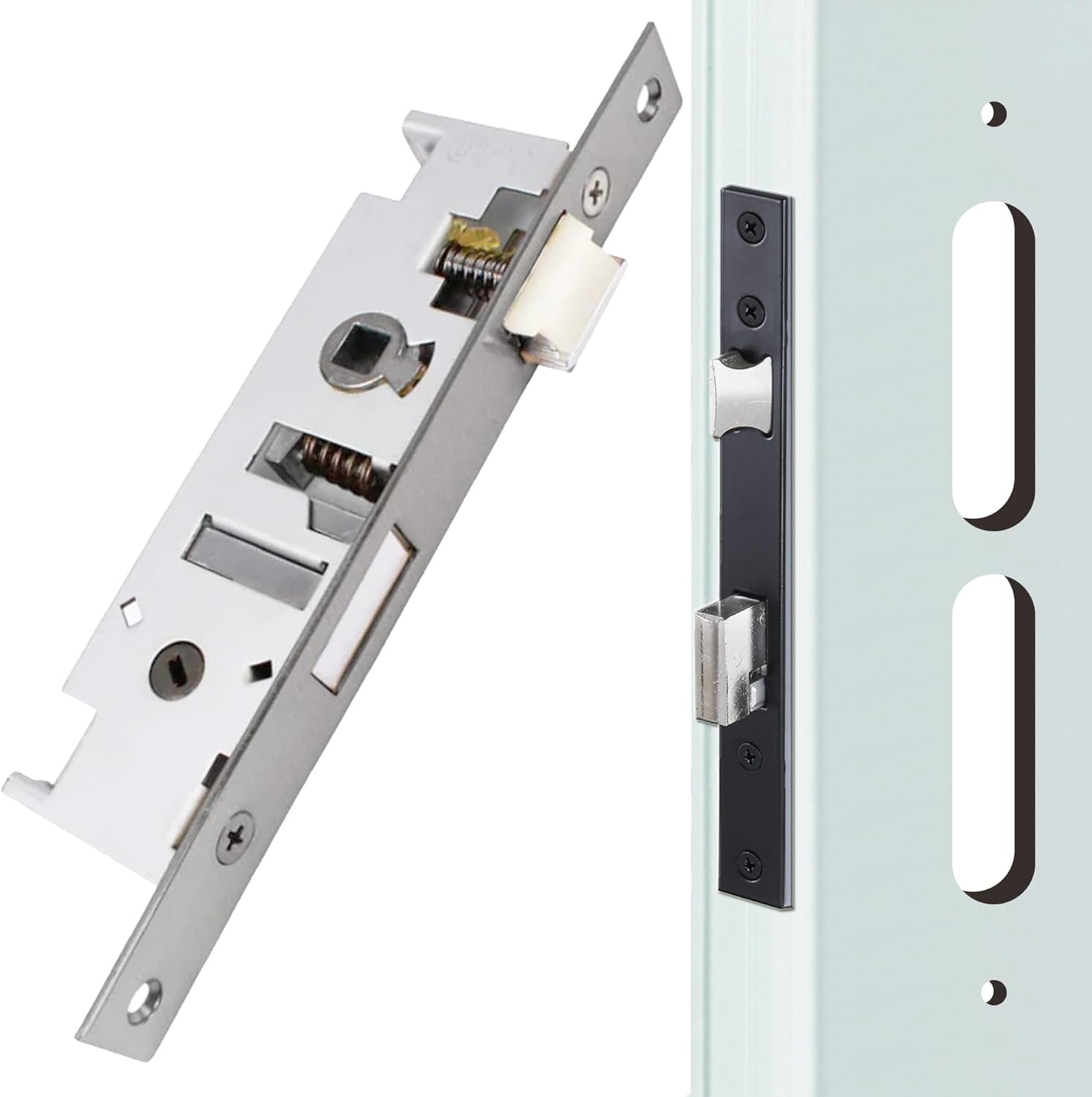 US Flat Slot Storm Door Mortise Lock Body Fits for Older Storm Doors, 5/16" Square Spindle Hub, 2-1/2" Handle PZ, 7/8" Backset, 7" Faceplate H.C., Non-Handed, Satin Nickel