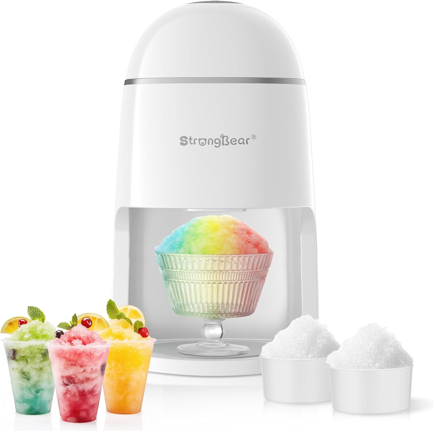 StrongBear - Snow Cone Shaved Ice Maker, Electric Ice Shaver Machine includes 2 reusable plastic ice mold cups, 1 glass cup, 1 mat
