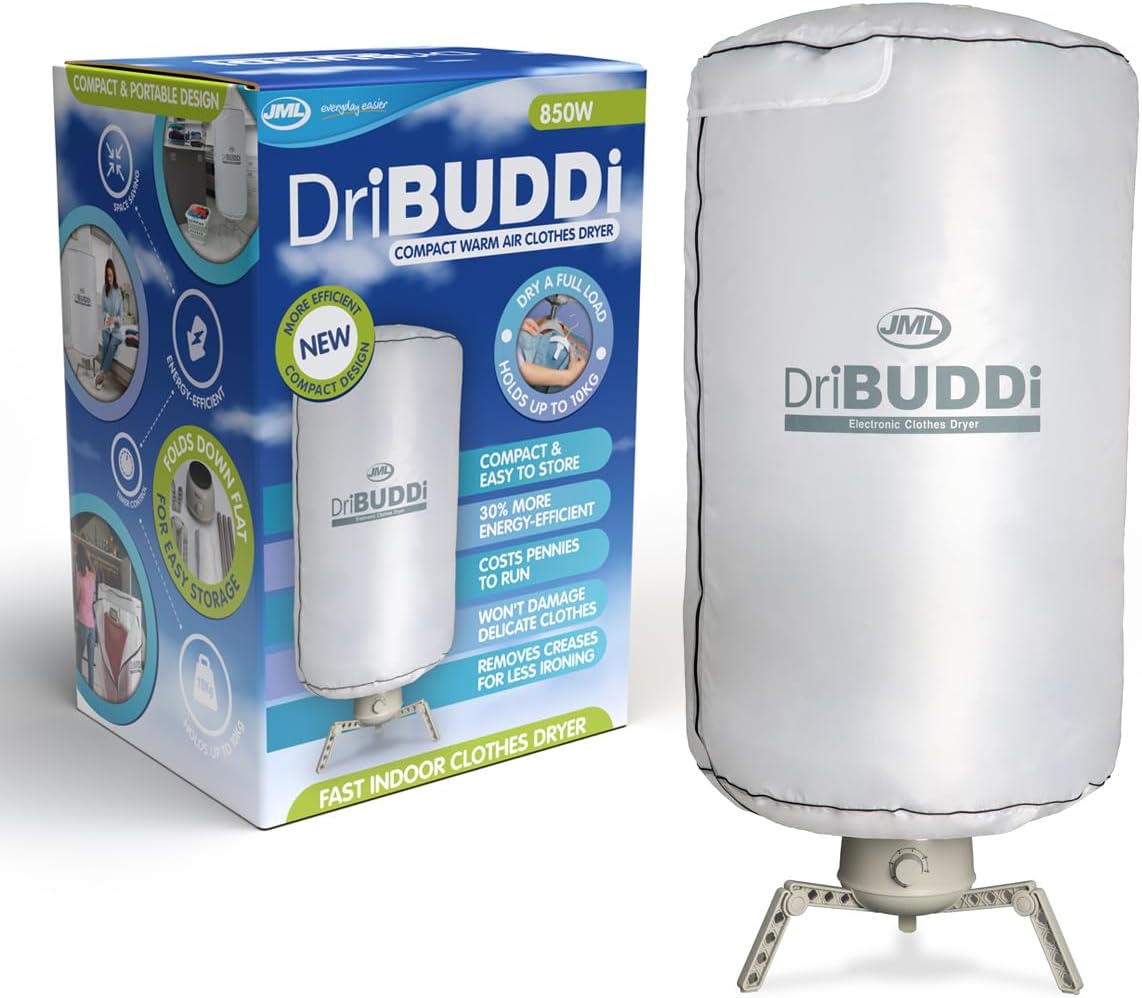 JML DriBUDDI Compact Electric Clothes Dryer - Heated Clothes Airer with Cover for Laundry Drying, Portable Rack Holds 10Kg of Clothing, Saves Ironing Packs Away Easily, For Line Dried Clothes Indoors