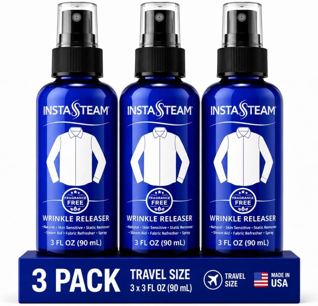 InstaSteam Clothes Wrinkle Release Spray Travel Size - Fragrance Free Wrinkle Release Mist - Fabric Deodorizer, Fabric Softener, & Anti Static Spray - Travel Essentials 3 Fl Oz (Pack of 3)