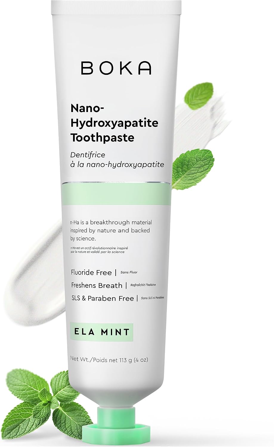 Boka Fluoride Free Nano Hydroxyapatite Toothpaste - Adult & Kids - Appropriate for Sensitive Teeth - No Sulfates & Parabens - Natural Flavors & Vegan - Mild Ela Mint (113g) 1pk