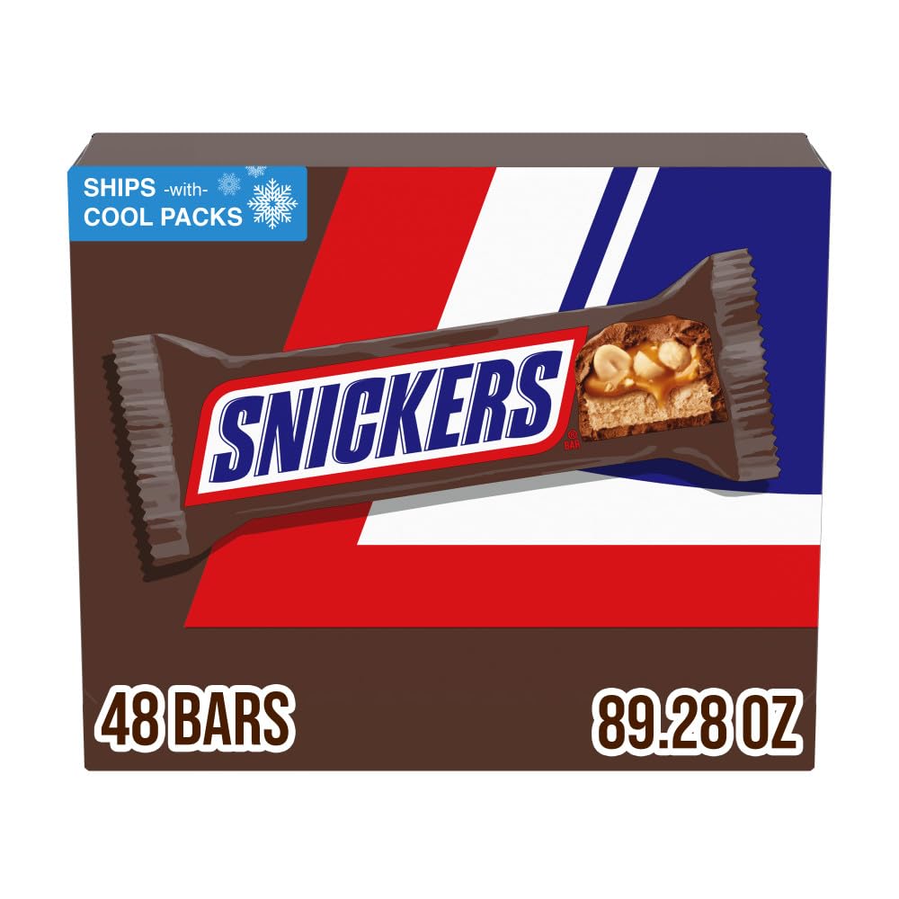 SNICKERS Milk Chocolate Candy Bars, Full Size Bar Bulk, 1.86 oz, Pack of 48 | Peanut Chocolate Candy Bars, Individually Wrapped Full Size Bars, Bulk Pack Great for Sharing, Game Days and Parties