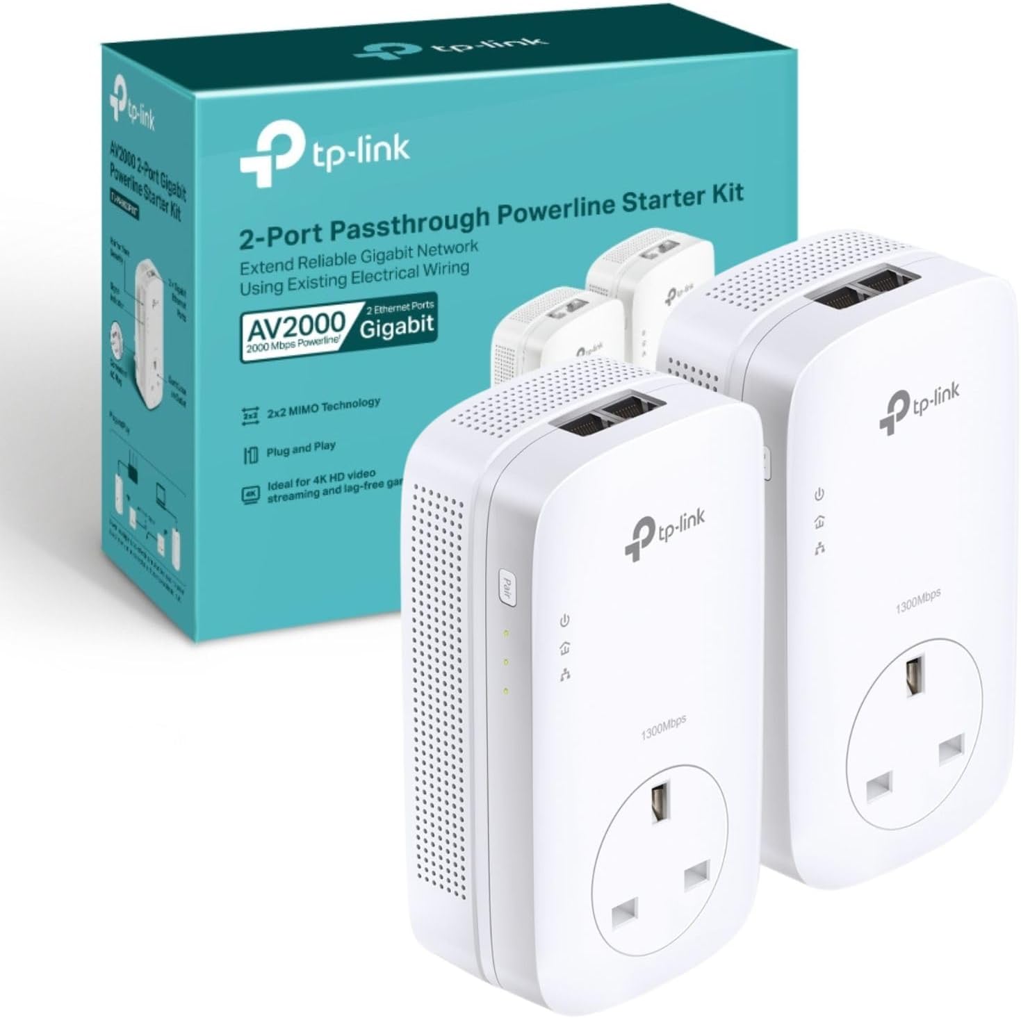 TP-Link TL-PA9020PKIT 2-Port Gigabit Passthrough Powerline Adapter Starter Kit, 2X2 MIMO, Powerline Network Adapters Speed up to 2000Mbps, 4K HD Video Streaming and Online Gaming, Plug and Play