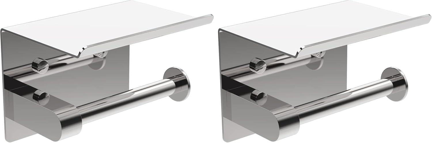 Ibergrif MK34053 Toilet Roll Holder Wall Mounted, Self-adhesive Toilet Paper Holder with Shelf Chrome, for Bathroom Kitchen, Stainless Steel, Silver (Pack of 2)