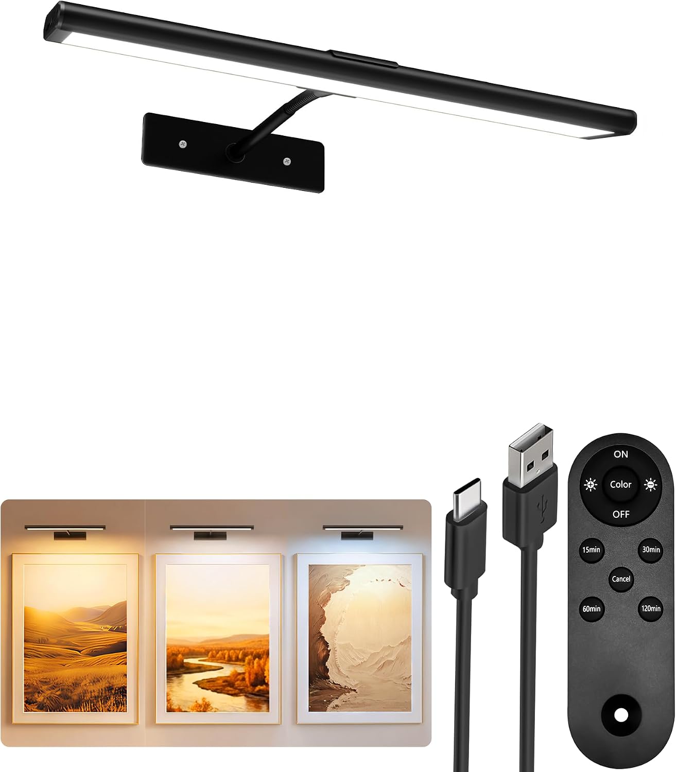 EZVALO Picture Light for Wall, 13'' Black Rechargeable 4800mAh Battery Lights Wireless with IR Remote, Magnetic LED Art Painting Light with 3 Color Temperatures, Display for Gallery, Living Room