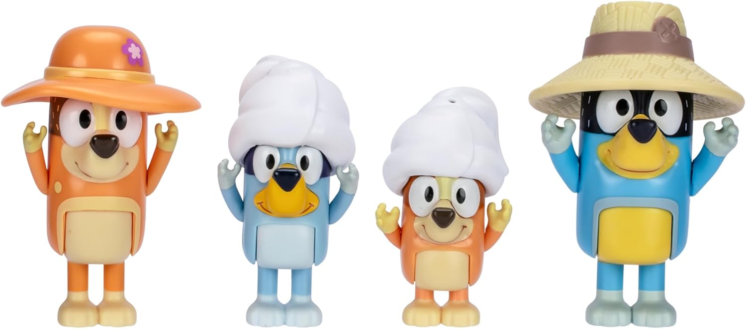 Bluey Figure 4-Packs, Family Trip, 2.5 Inch Poseable Figures of Bluey, Bingo, Bandit and Chilli, With Accessories,