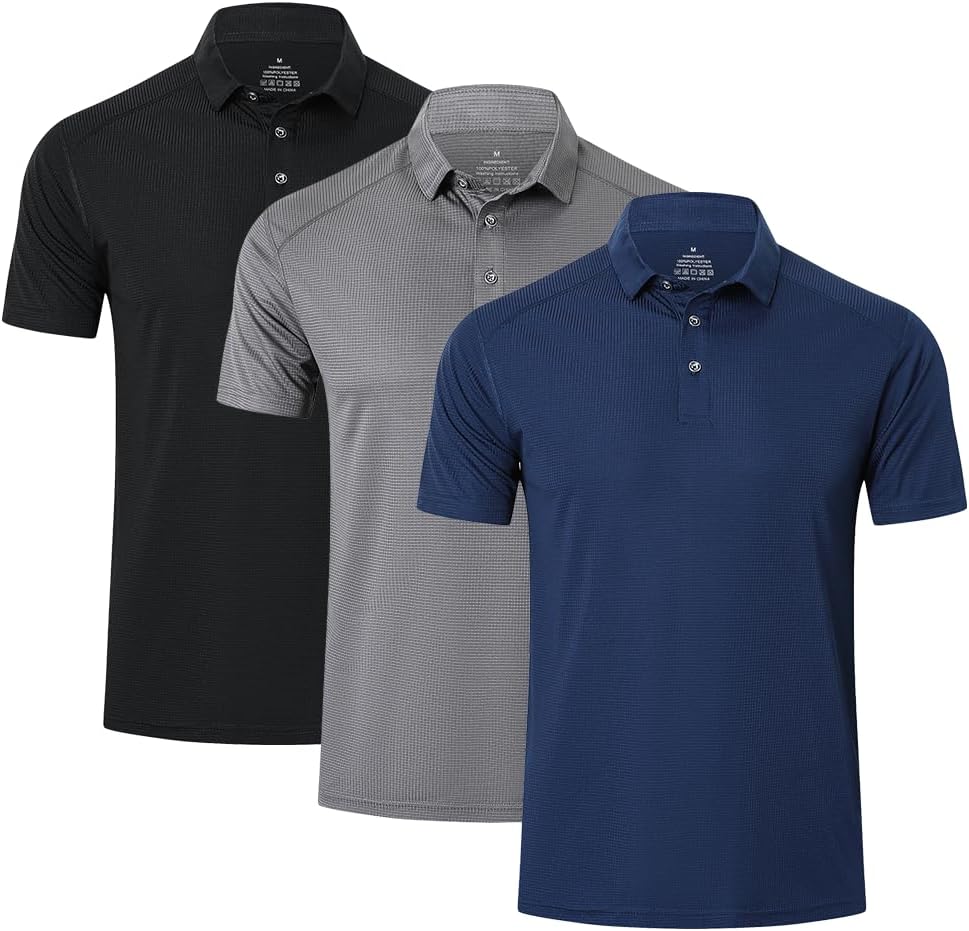 HUAKANG 3 Pack Mens Polo Shirts Quick Dry Breathable Golf Short Sleeve Tops