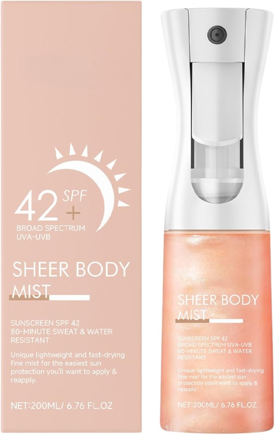 Sun-glaze Sheer Body Mist Sunscreen Spray SPF 42, Sun Cream Spray with Broad Spectrum UVA-UVB, Hydrating Shimmer Body Oil, Sweat&Water Resistant, Lightweight&Fast Absobing, For All Skin Types, 200ml