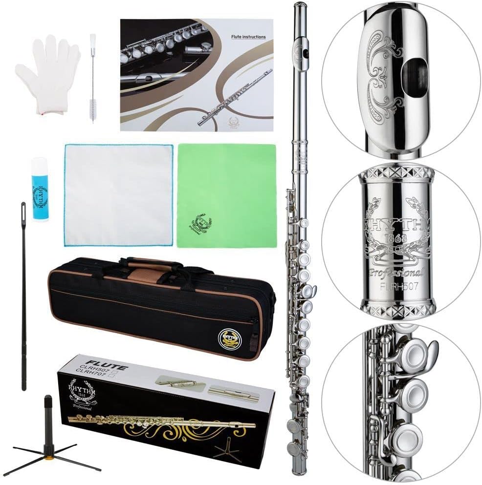Rhythm C Flutes with Engraved Flower Closed Hole 16 Keys Flute For Student, Beginner with Stand, Carrying Case,Gloves,Joint Grease, Tuning Rod, Nickel