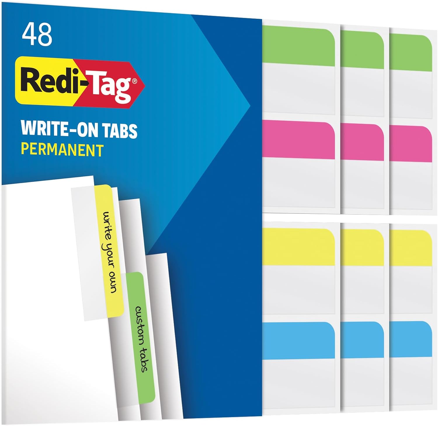 Redi-Tag Write On Tabs, Removable Index Tabs, Customizable Adhesive Labels, 4 Assorted Colors: Yellow, Green, Pink, Blue, 0.7" x 2", 48 Per Pack (B33248)