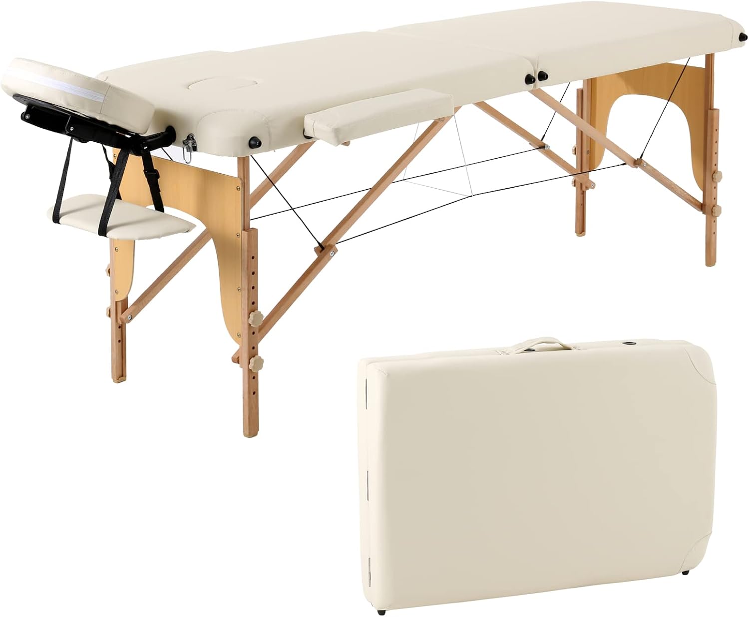 Panana Portable Mobile Folding Massage Bed Wooden Frame 2 Sections Table Tattoo SPA Couch (Beige)
