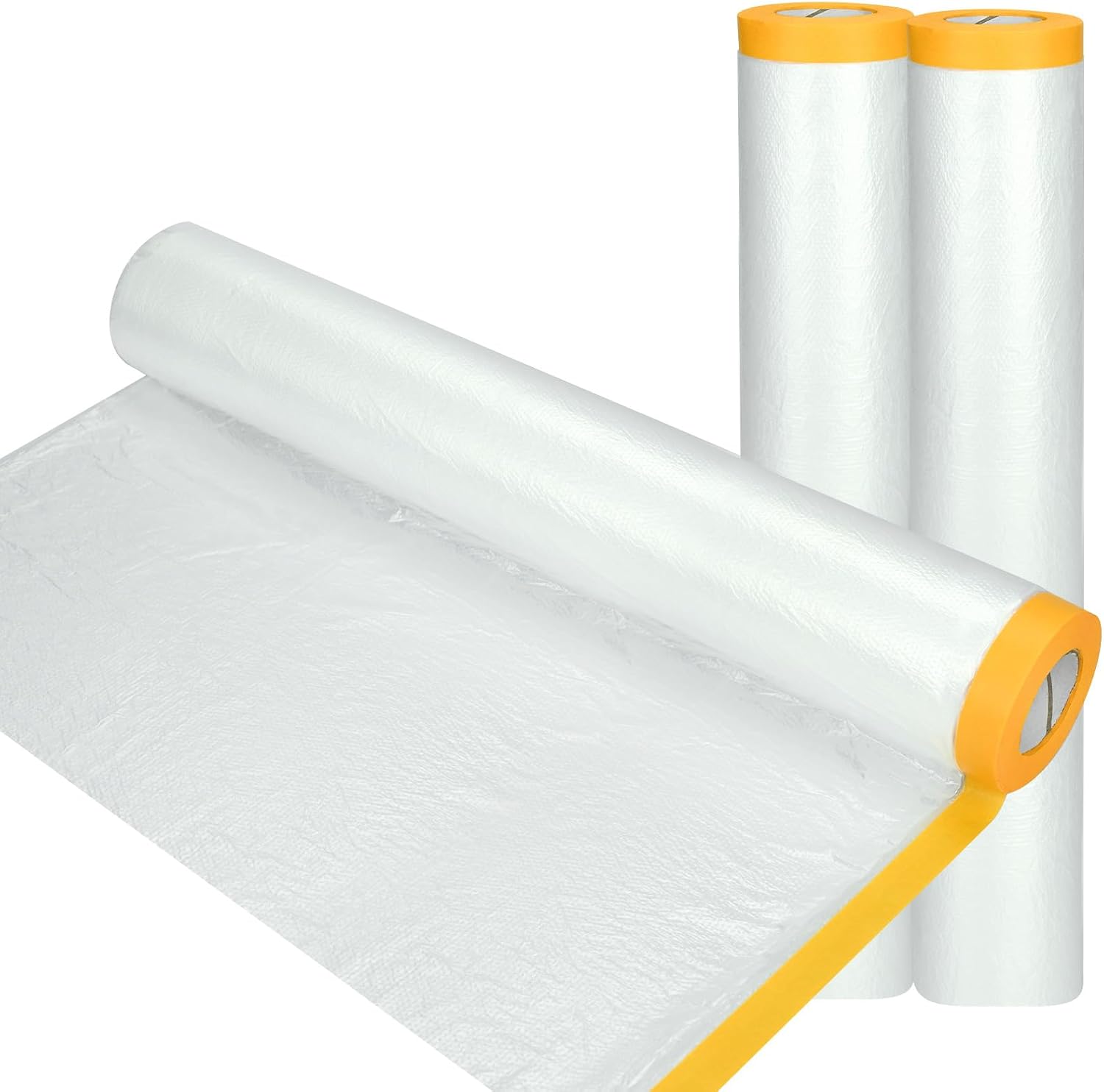 3 Rolls 4M x 20M Plastic Dust Sheet for Decorating, Self-Adhesive Painting Drop Film, Waterproof & Tear Resistant Polythene Sheeting, Transparent Masking Film for Painting Furniture Floor Covering