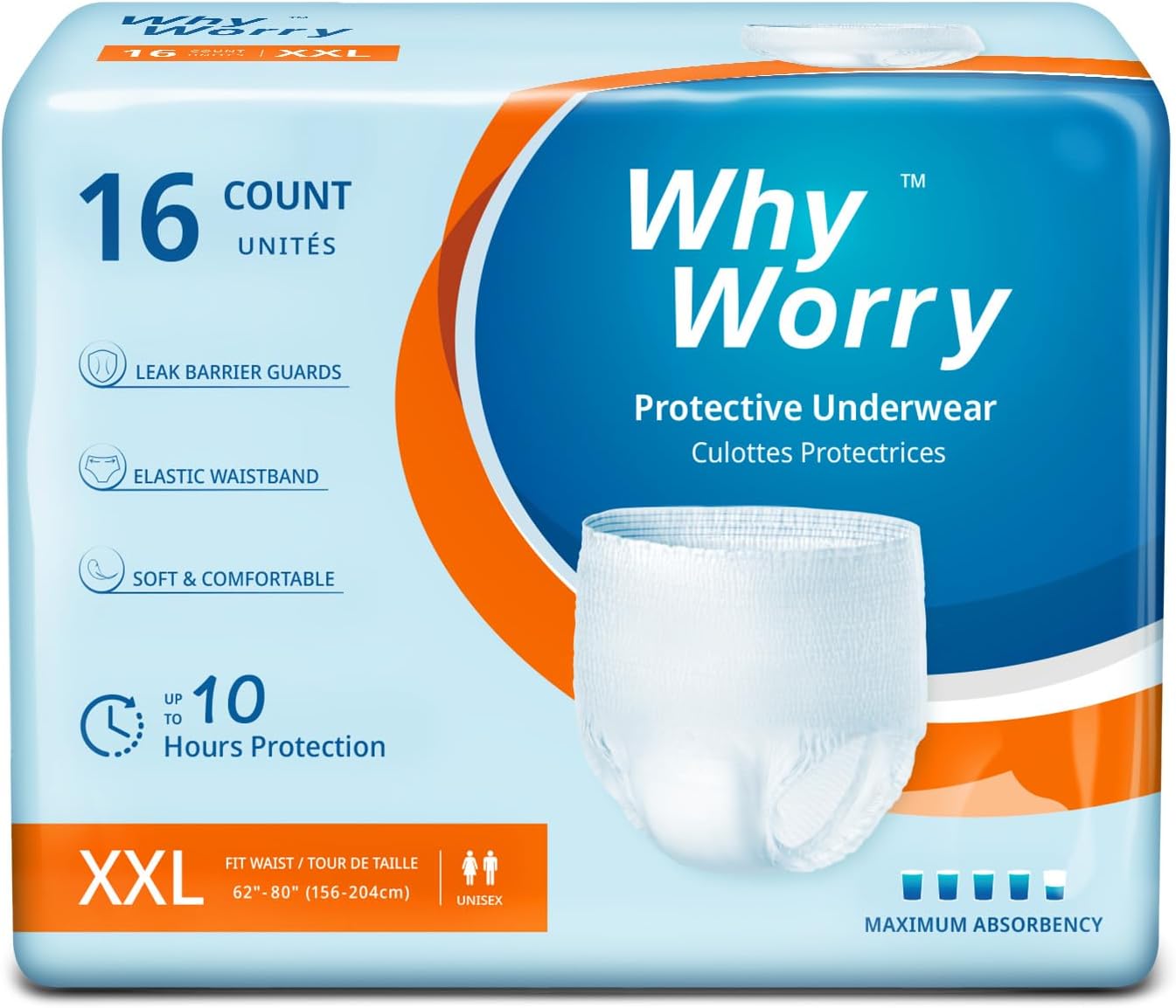 WhyWorry Incontinence Pants for Women and Men, Disposable Adult Pull Ups with Overnight Absorbency, Odor Control, Unisex, XXLarge, 16 Count
