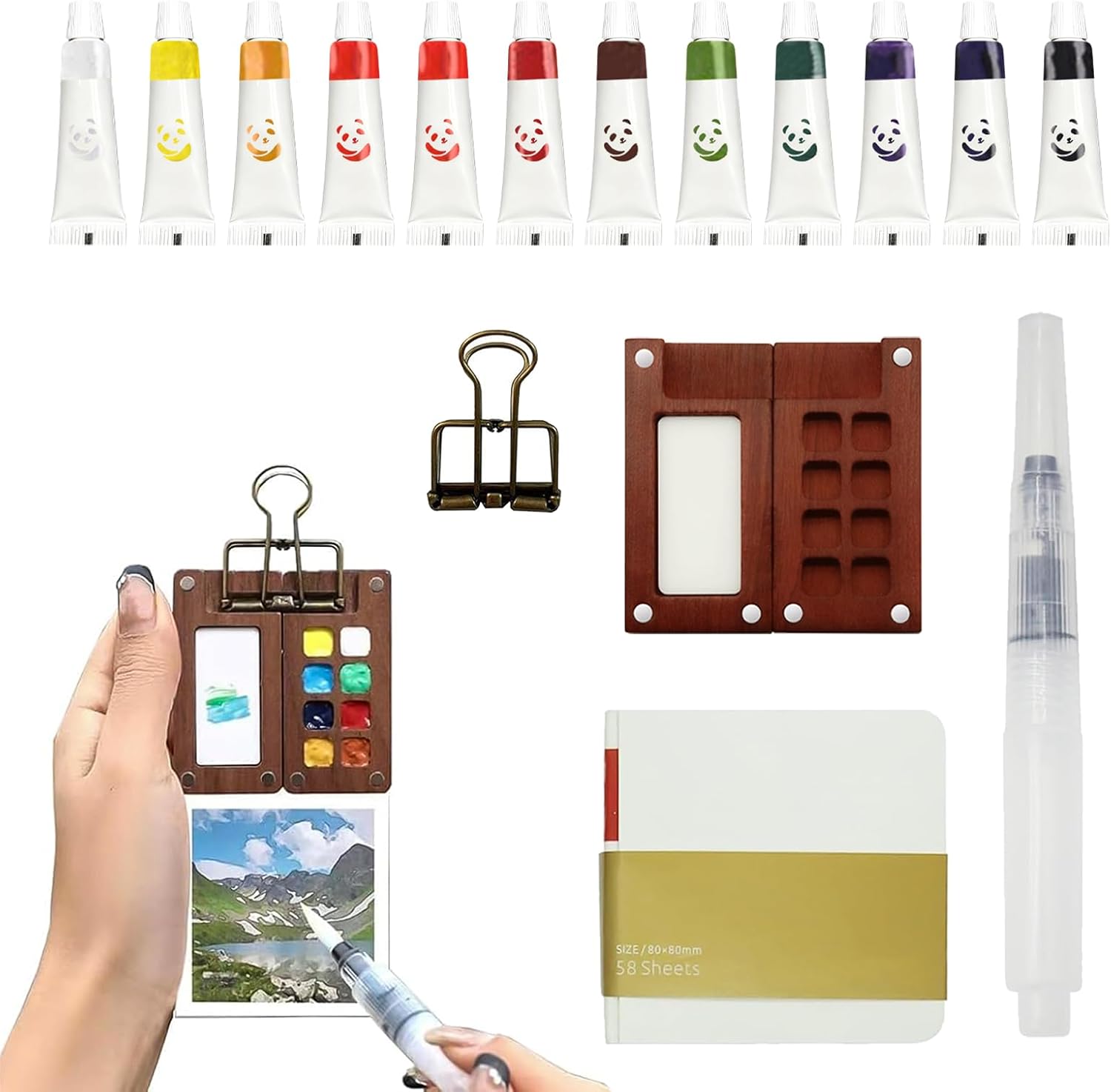 5 Pcs Portable Watercolor Palette, Pocket Artist Watercolour Travel Set Travel Paint Palette with 8 Grids Mini Wooden Palette Watercolor Pen Sketchbook Metal Clip for Watercolor Artist Enthusiast