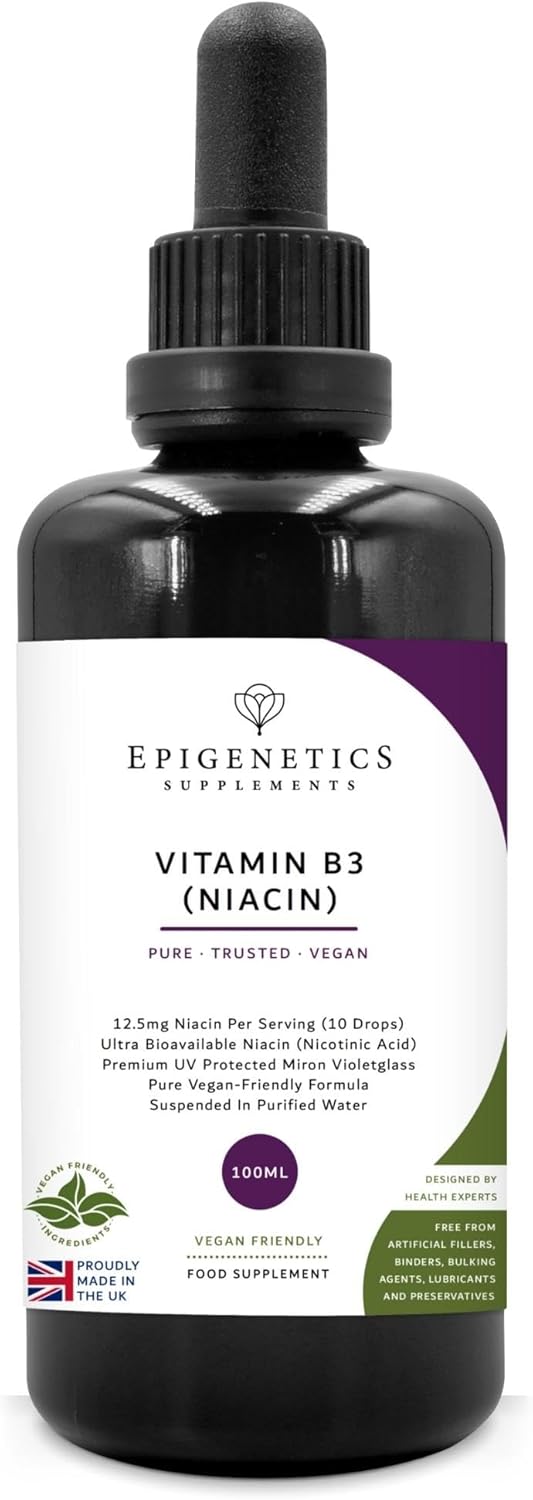 Vitamin B3 Niacin 100ml Liquid Supplements | 100% Pure & Natural Niacin 12.5mg | UK Made & Vegan Friendly | 4 Months Supply | UV Protected Miron Violet Glass | 10 Drops Daily