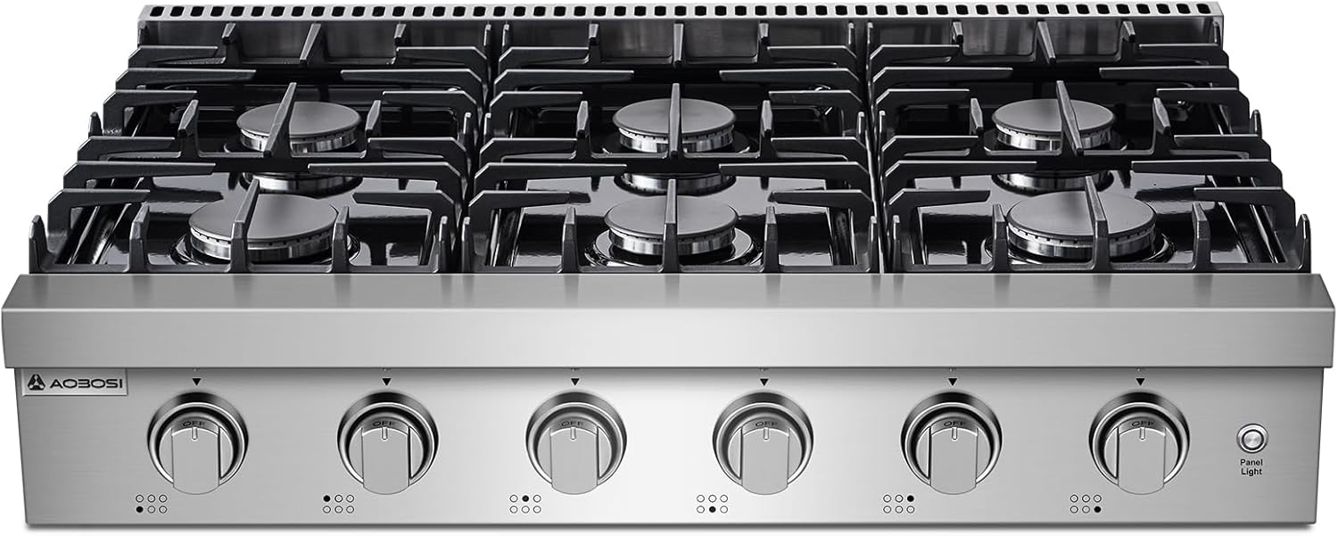 AAOBOSI Gas Cooktop 36 inch Gas Stove Built-in Gas Range Commercial Gas Stove Top, Propane Cooktop NG/LPG Switch, 6 Cast Iron Stove Top Covers for Gas Burners with 6 Burners for Cooking, Gas Grilling