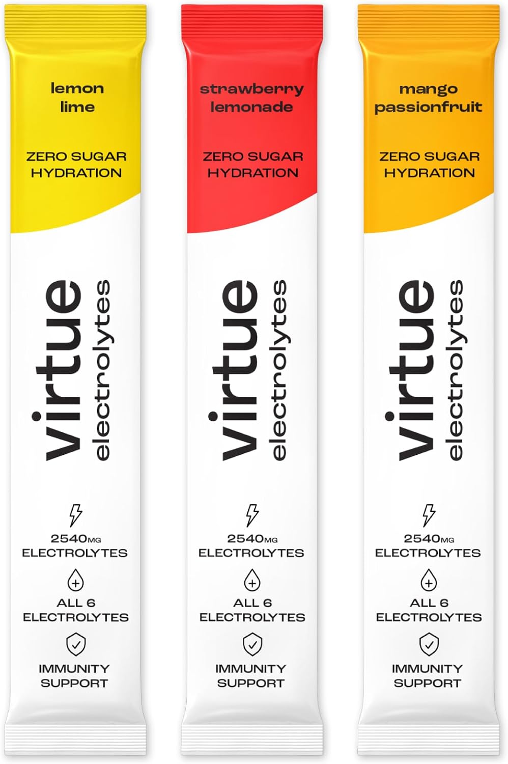 Virtue Electrolytes Hydration Sachets - Mixed Pack | Zero Sugar, Zero Calories | All 6 Electrolytes, Vitamin C (12 Pack) [Lemon Lime, Strawberry Lemonade, Mango Passionfruit]