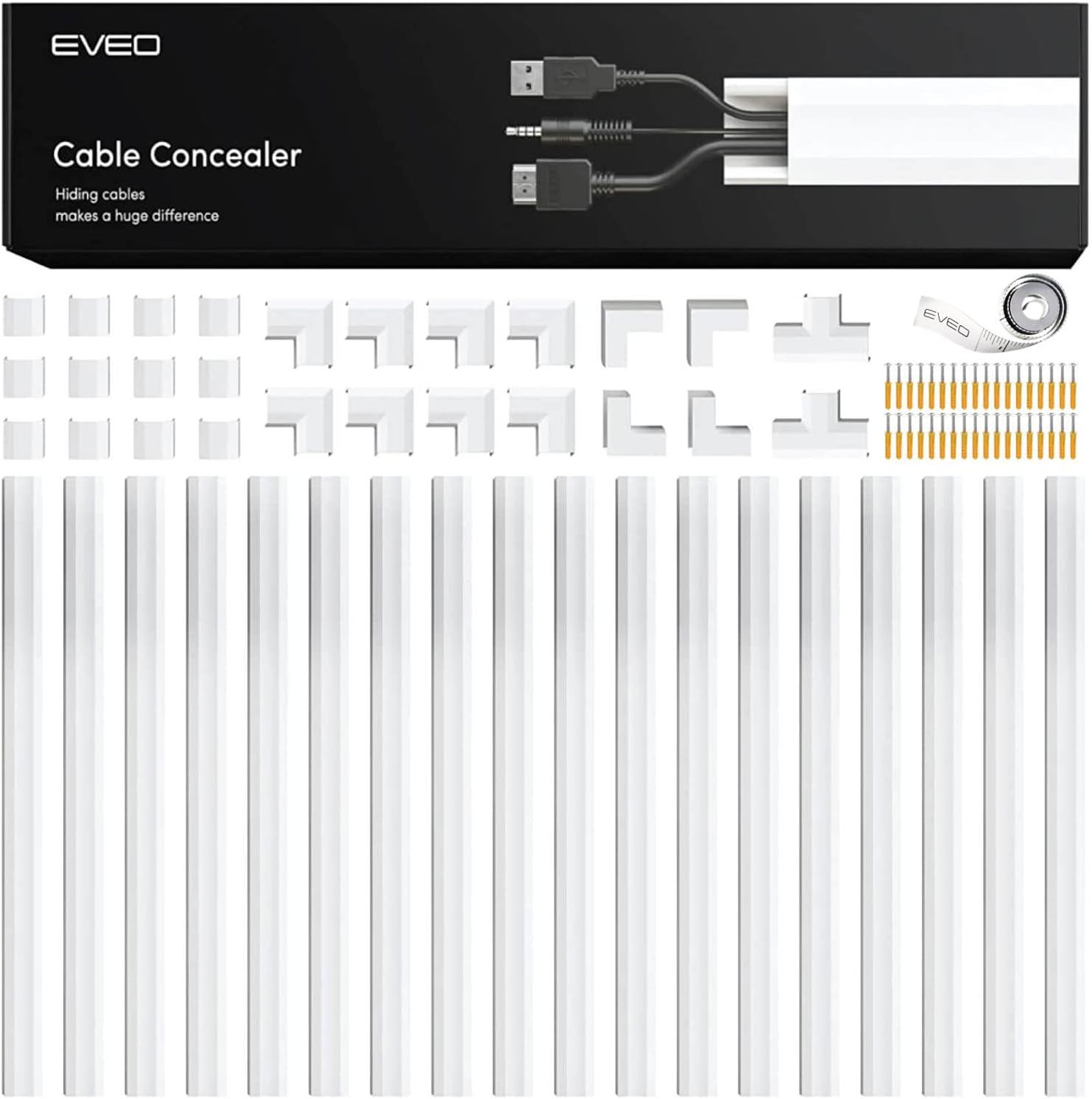 EVEO Cord Hider - 306” Cord Cover Wall Cable Hider, Cable Concealer, Wire Hiders for TV on Wall. Cable Management, Cord Hider Wall Cable Raceway Wire Covers for Cords -18X (L17 W0.95 H0.5) - White