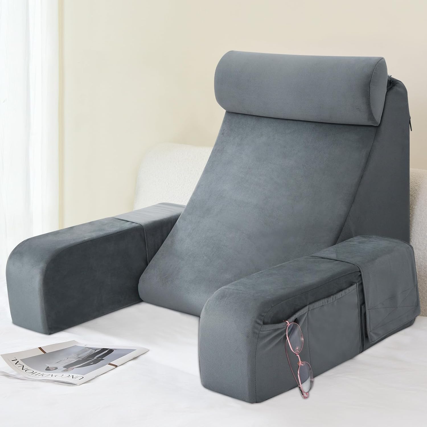 ENITYA Reading Pillow for Sitting in Bed Adult, Back Pillow for Bed Sitting up, Backrest Cushion for Reclining/Reading/Gaming/Resting/Watching TV, Bedrest, Couch or Floor, Medium 19"(Grey)