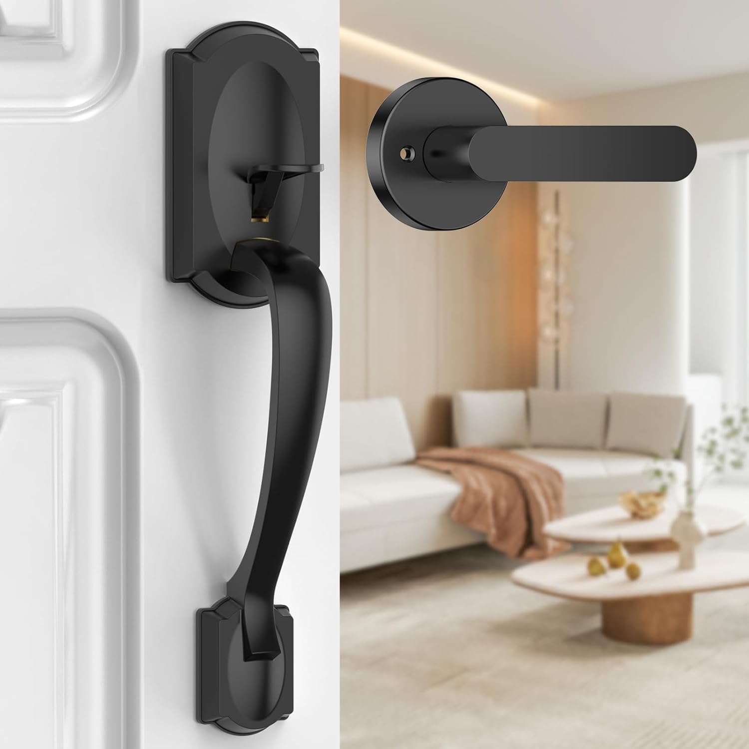 Front Door Handle No Lock, Entry Door Handle Exterior with Interior Reversible Handle Lever, Lower Half Grip, Single Cylinder, Door Handle Sets for Right or Left Handed Door, Matte Black