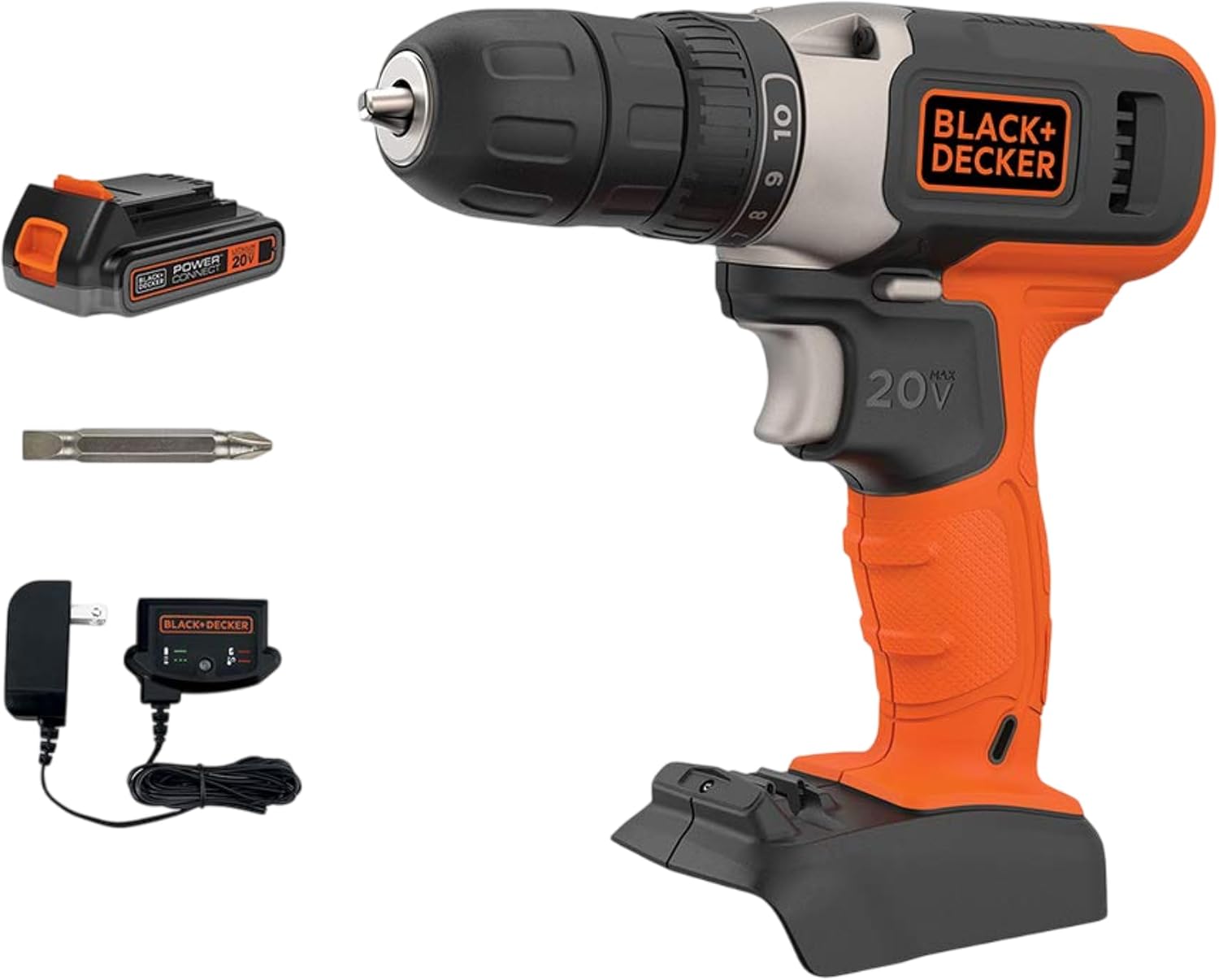 BLACK+DECKER 20V MAX Cordless Drill Kit with Battery, Charger, and Double Ended Bit (BCD702C1)
